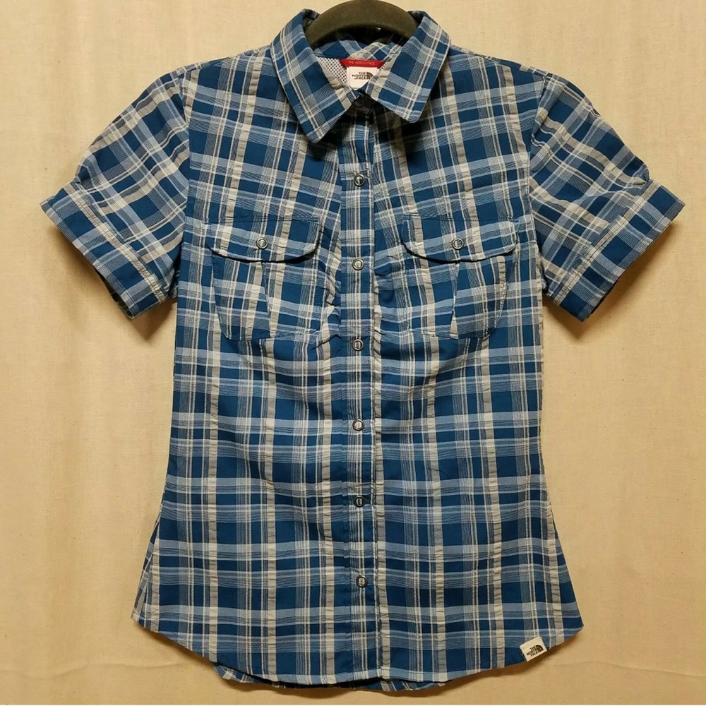 The North Face Womens Sz XS Snap Front Hiking Shirt Short Sleeve Blue Plaid